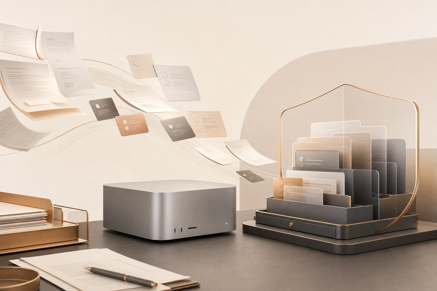 Desk scene showing private AI helping with business documents inside a controlled office boundary